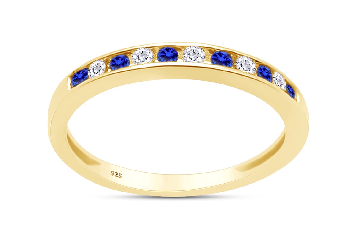 Round White Natural Diamond & Simulated Blue Sapphire Half Eternity Engagement Wedding Band Ring In 14K Yellow Gold Over Sterling Silver For Women (Clarity I2-I3, Color : I-J, 0.23 Cttw) Ring Size-6