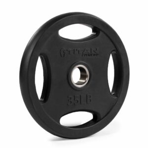 titan fitness 35 lb single black grip plate, cast iron and rubber coating, sold as a single plate