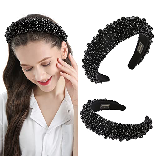 QIANXUAN Fashion Headbands For Women's Hair White Pearl Headbands For Girls Black Padded Headband Beading Pearls Hair Accessories Design Elegant Wide Hairbands