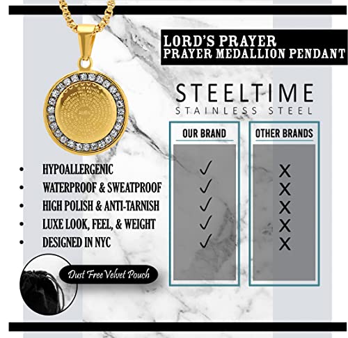 Steeltime Stainless Steel Pendant Necklace with Simulated Diamonds - 18-Inch Rounded Box Chain, Stainless Steel Pendant for Men & Women, Lords Prayer & Serenity Prayer Gifts - Silver, Lord's Prayer