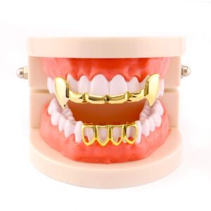 Psivika Gold Plated Shiny Hip Hop Teeth Grillz Caps Iced Out CZ Top and Bottom Vampire Fangs Grillz for Men and Women (Gold)