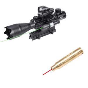 pinty 4-16x50 illuminated optics sight, green laser, reflex sight, 1 inch high riser mount & laser boresighter, red dot laser bore sight pistol carbine rifle self defense hunting