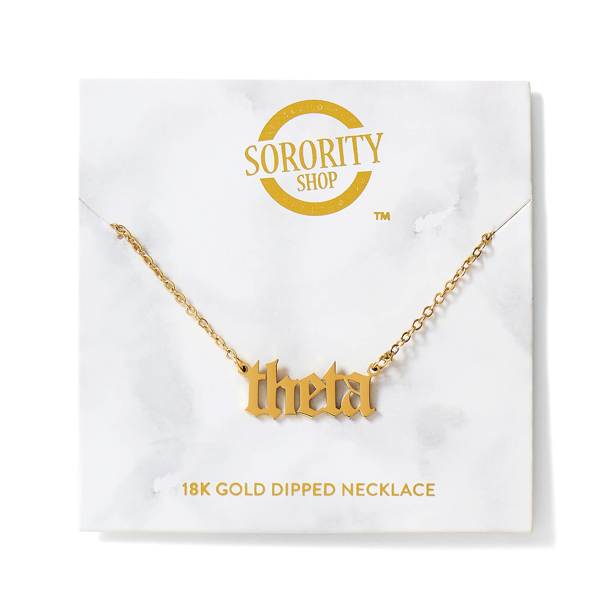 Sorority Shop Kappa Alpha Theta Necklace — KAT Old English Font Design, 18K Gold Plated, Kappa Alpha Theta Gifts for Women