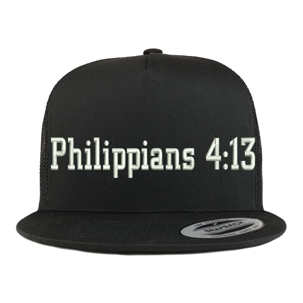 Trendy Apparel Shop Philippians 4:13 5 Panel Flatbill Trucker Cap - Black