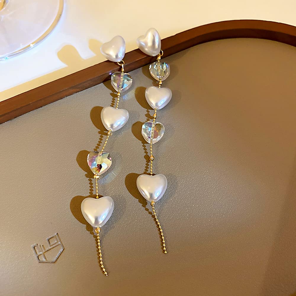 JWICOS Minimalist Long Crystal Heart Tassel Earrings Multi Interlocking Pearl Beaded Heart Fringe Dangle Earrings for Women and Girls Thin Statement Earrings for Daily Party