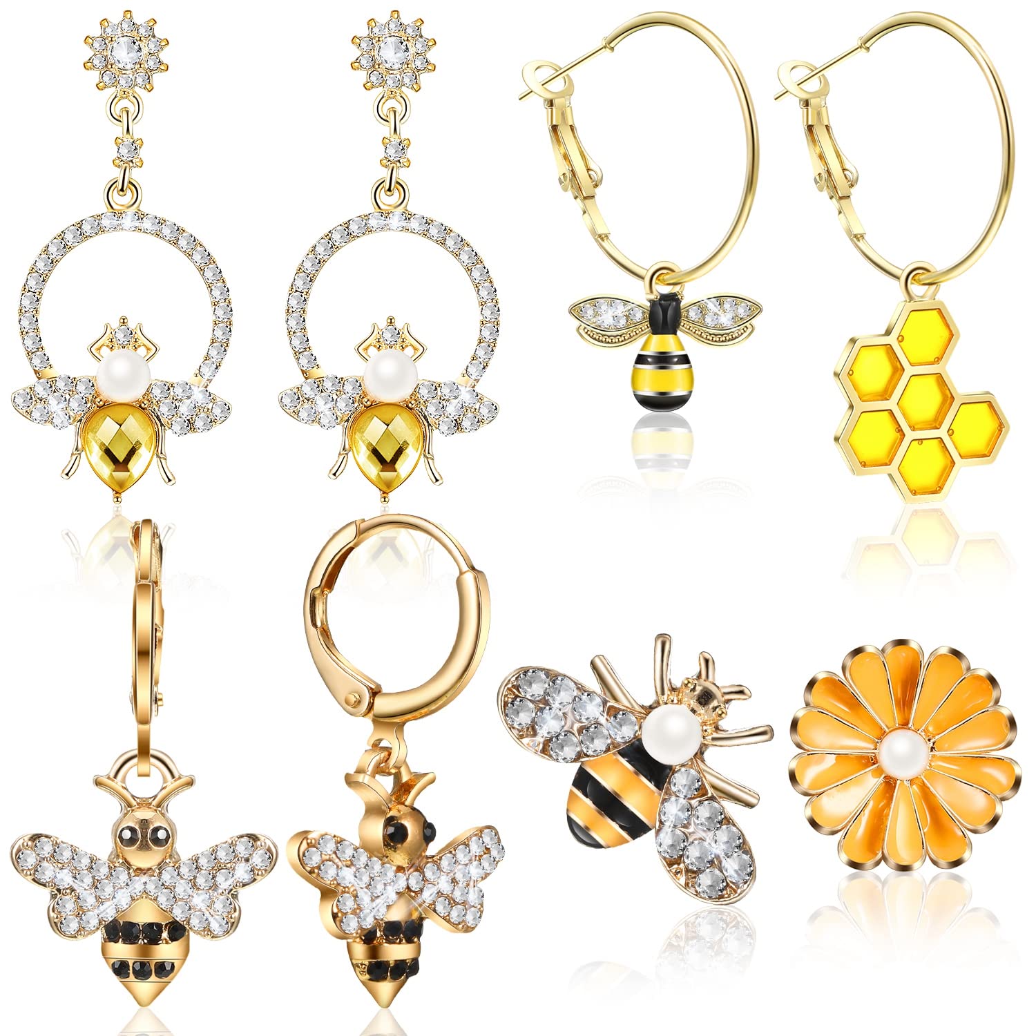 4 Pairs Bee Earrings Bee Stud Bee Drop Earrings Honeycomb Earrings Bee Rhinestone Earrings Gift for Women