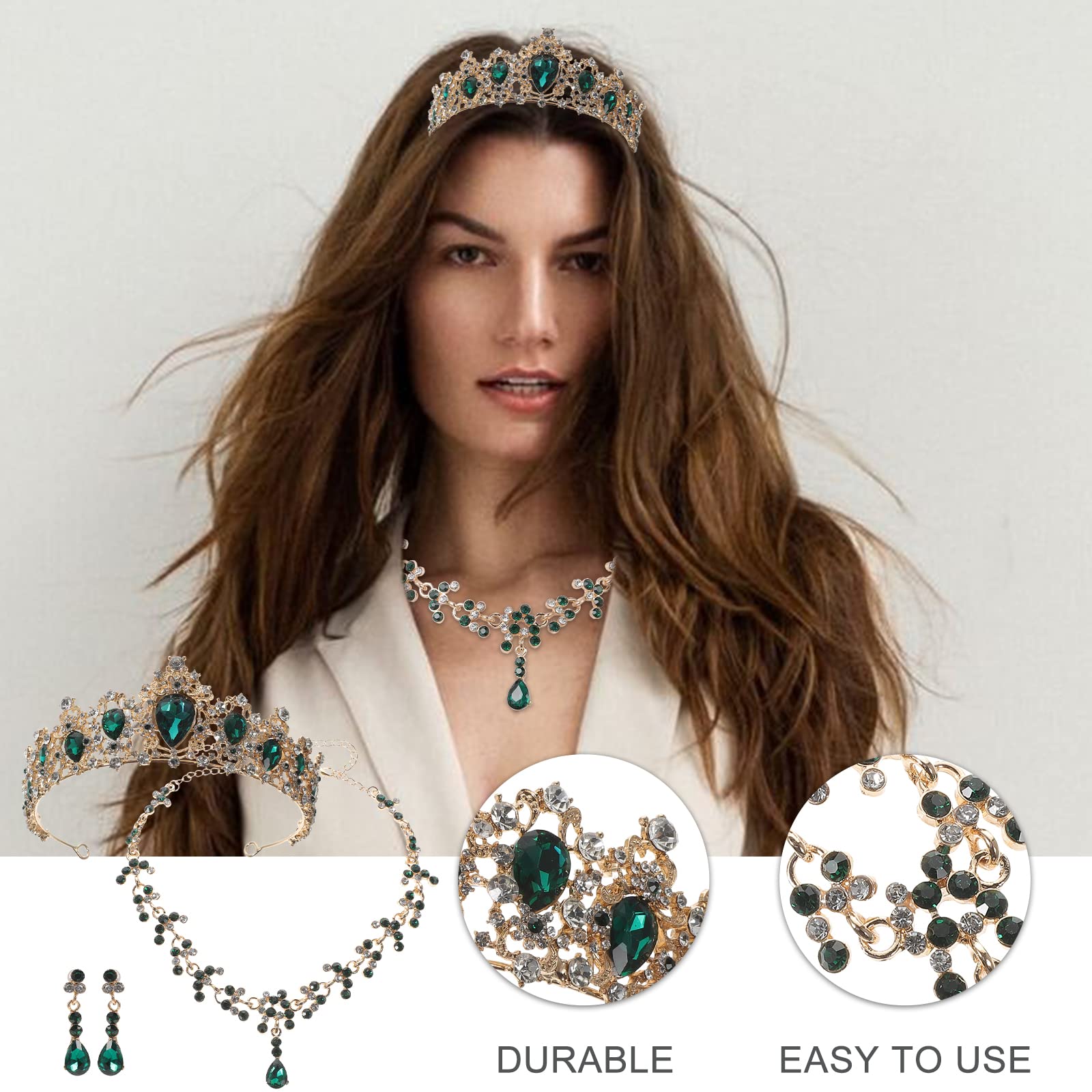 Generic Wedding Bridal Flower Jewelry Set Baroque Tiara Crystal Crown with Comb Retro Rhinestone Necklace Earrings Bridesmaids Queen Costume for Prom Party ( Green )