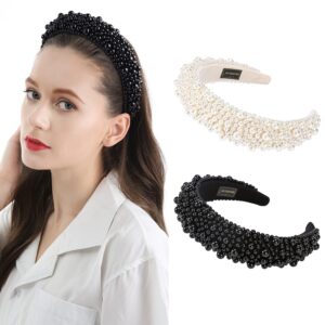 QIANXUAN Fashion Headbands For Women's Hair White Pearl Headbands For Girls Black Padded Headband Rhinestones Beading Pearls Hair Accessories Design Elegant Wide Hairbands