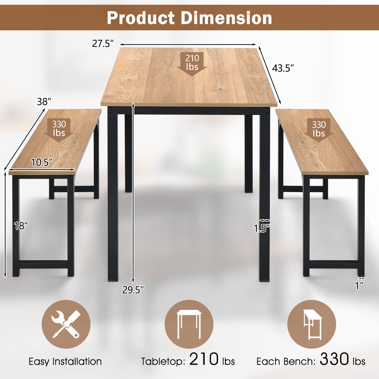 COSTWAY 3 PCS Dining Table Set for 4, Rectangular Kitchen Table with 2 Benches, Industrial Counter Height Table Set with Anti-slip Pads, Heavy Duty Steel Frame for Dining Room, Kitchen, Bar (Natural)