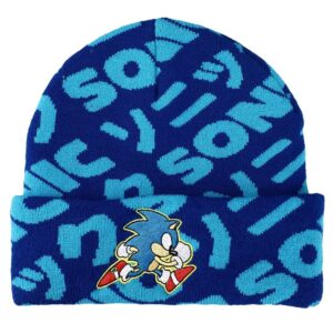 bioworld sonic flat embroidery blue aop jacquard acrylic knit beanie