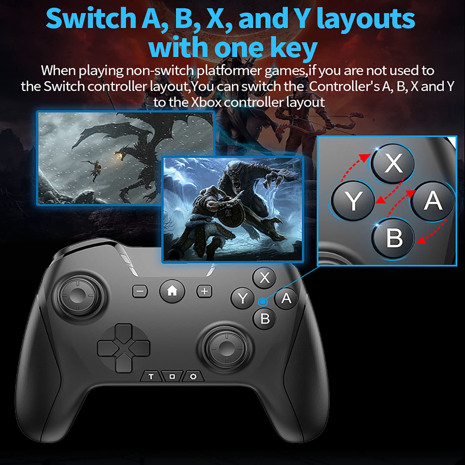 Bluetooth Controller for Switch/Mac/PC/Steam/Mobile Phone/iOS/Android//TV/iPad/Table/Apple Arcade MFi Games, switch pro controller wireless with Adjustable Dual Motion,Turbo,Macros,6-Axis,Wake Up for Black Myth: Wukong