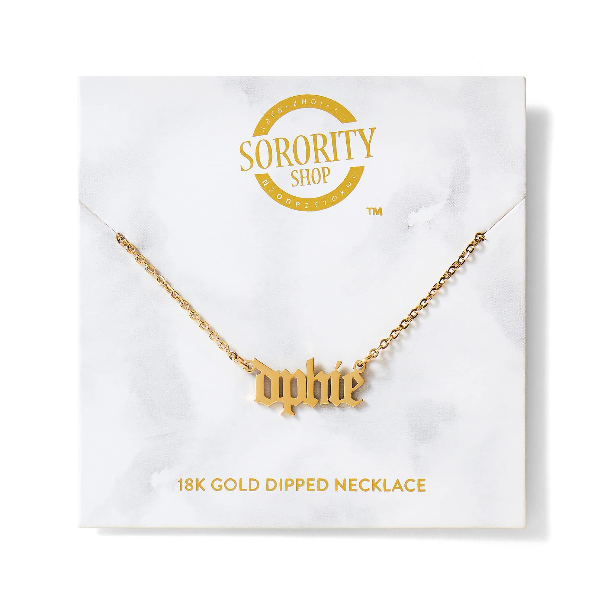 Sorority Shop Delta Phi Epsilon Necklace — DPE Old English Font Design, 18K Gold Plated, Delta Phi Epsilon Gifts for Women