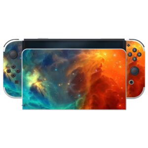 PlayVital Full Set Protective Stickers for Nintendo Switch OLED Model, Customized Vinyl Decal Skins for Switch OLED Console & Joycon & Dock & Grip - Orange Star Universe