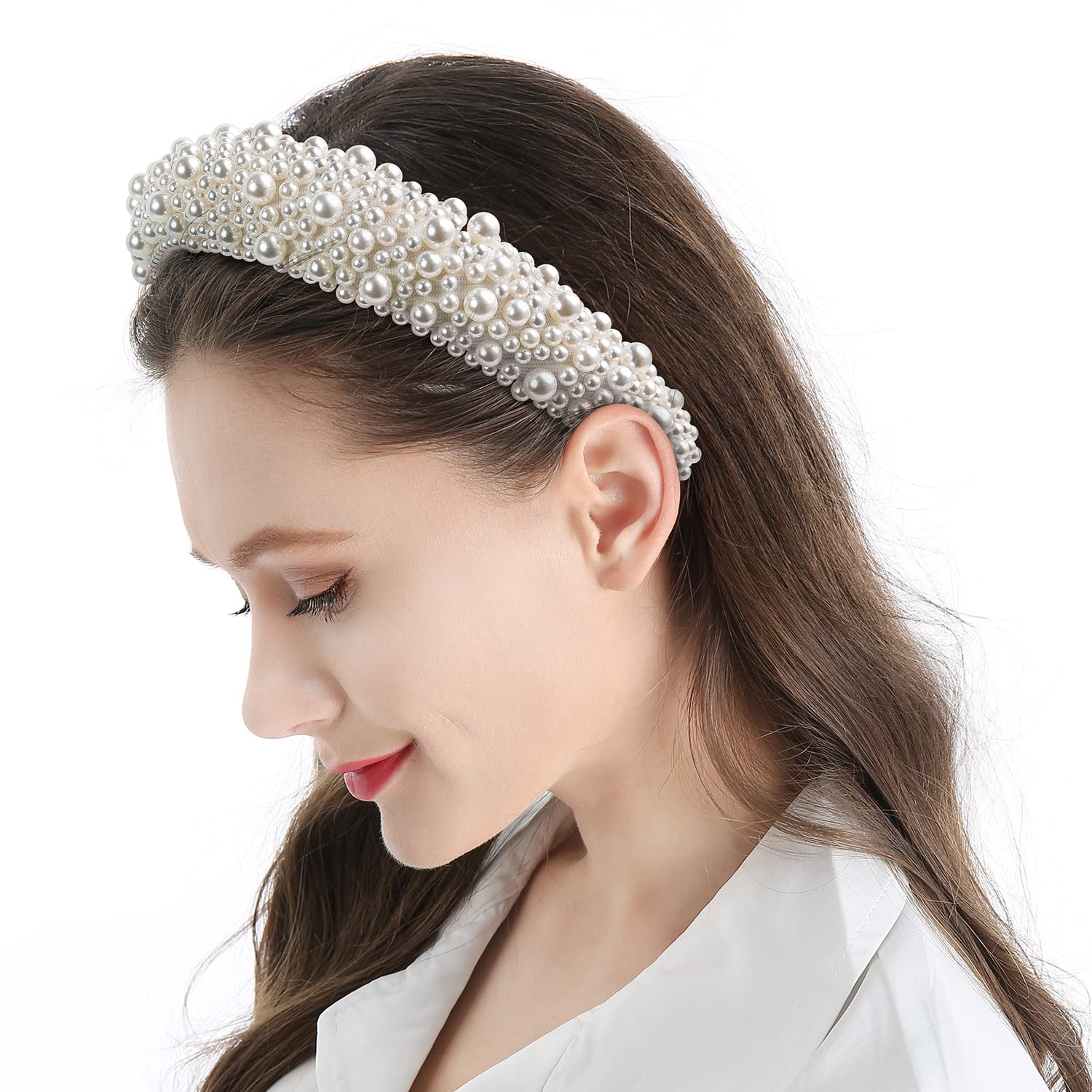 QIANXUAN Fashion Headbands For Women's Hair White Pearl Headbands For Girls Black Padded Headband Rhinestones Beading Pearls Hair Accessories Design Elegant Wide Hairbands