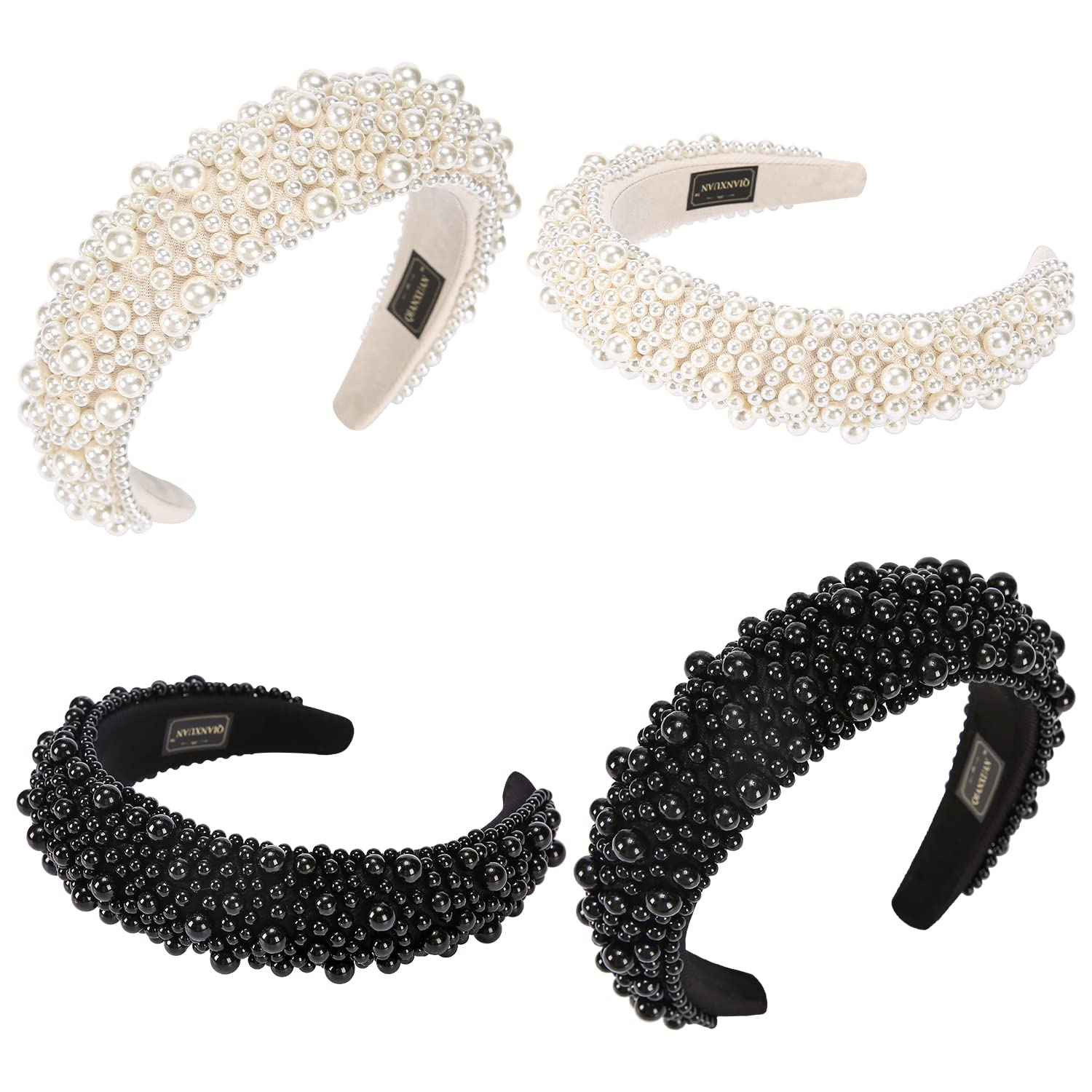 QIANXUAN Fashion Headbands For Women's Hair White Pearl Headbands For Girls Black Padded Headband Rhinestones Beading Pearls Hair Accessories Design Elegant Wide Hairbands