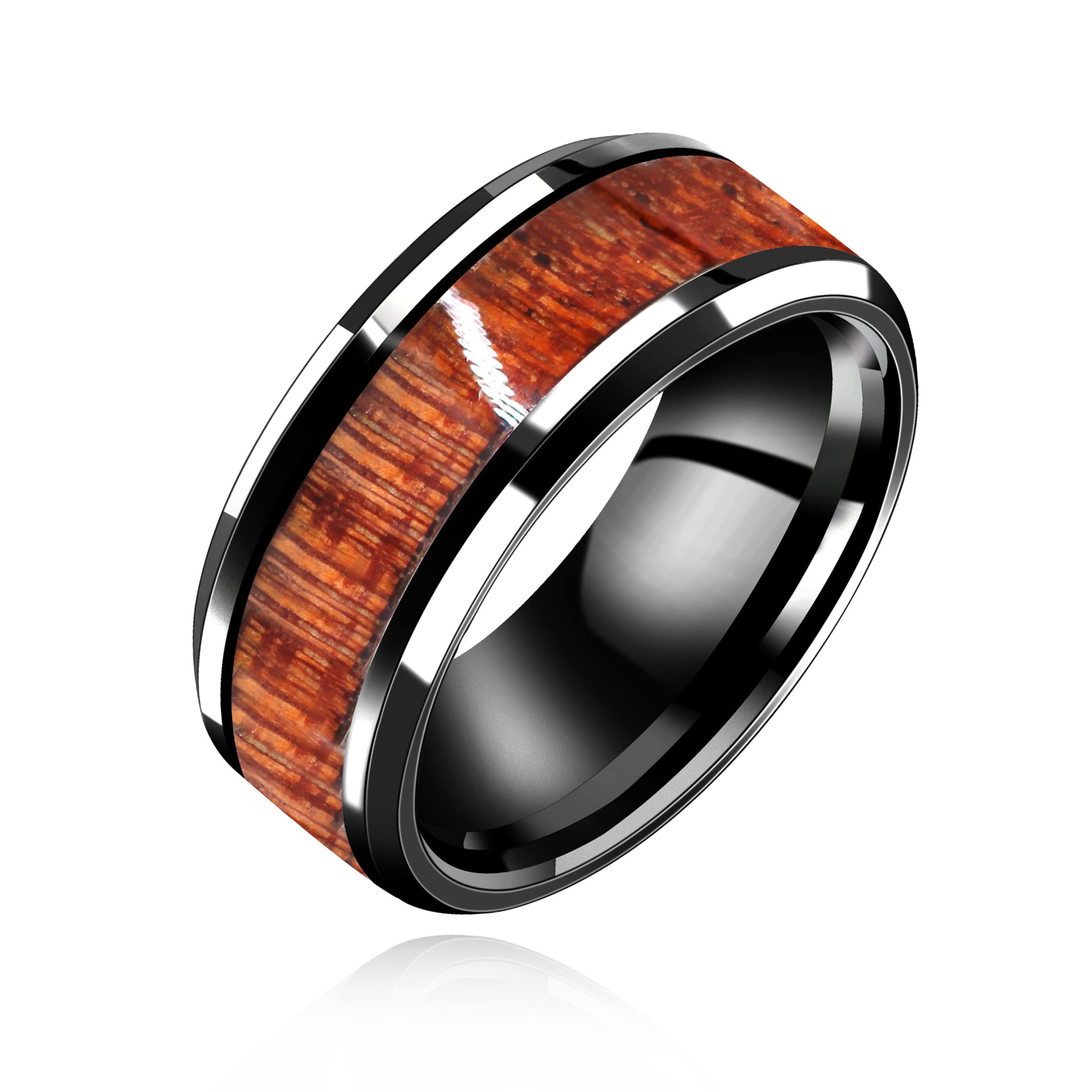 8mm Black Stainless Steel Wedding Band Inlay Wooden Promise Engagement Ring for Couples Him and Her Y1539 (Black, 9)