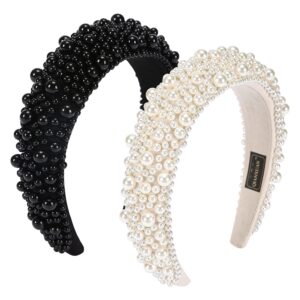 QIANXUAN Fashion Headbands For Women's Hair White Pearl Headbands For Girls Black Padded Headband Rhinestones Beading Pearls Hair Accessories Design Elegant Wide Hairbands