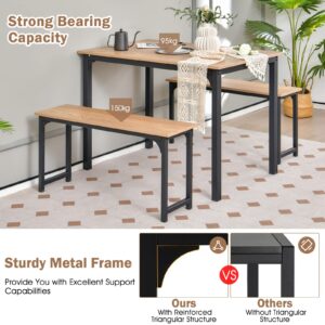 COSTWAY 3 PCS Dining Table Set for 4, Rectangular Kitchen Table with 2 Benches, Industrial Counter Height Table Set with Anti-slip Pads, Heavy Duty Steel Frame for Dining Room, Kitchen, Bar (Natural)