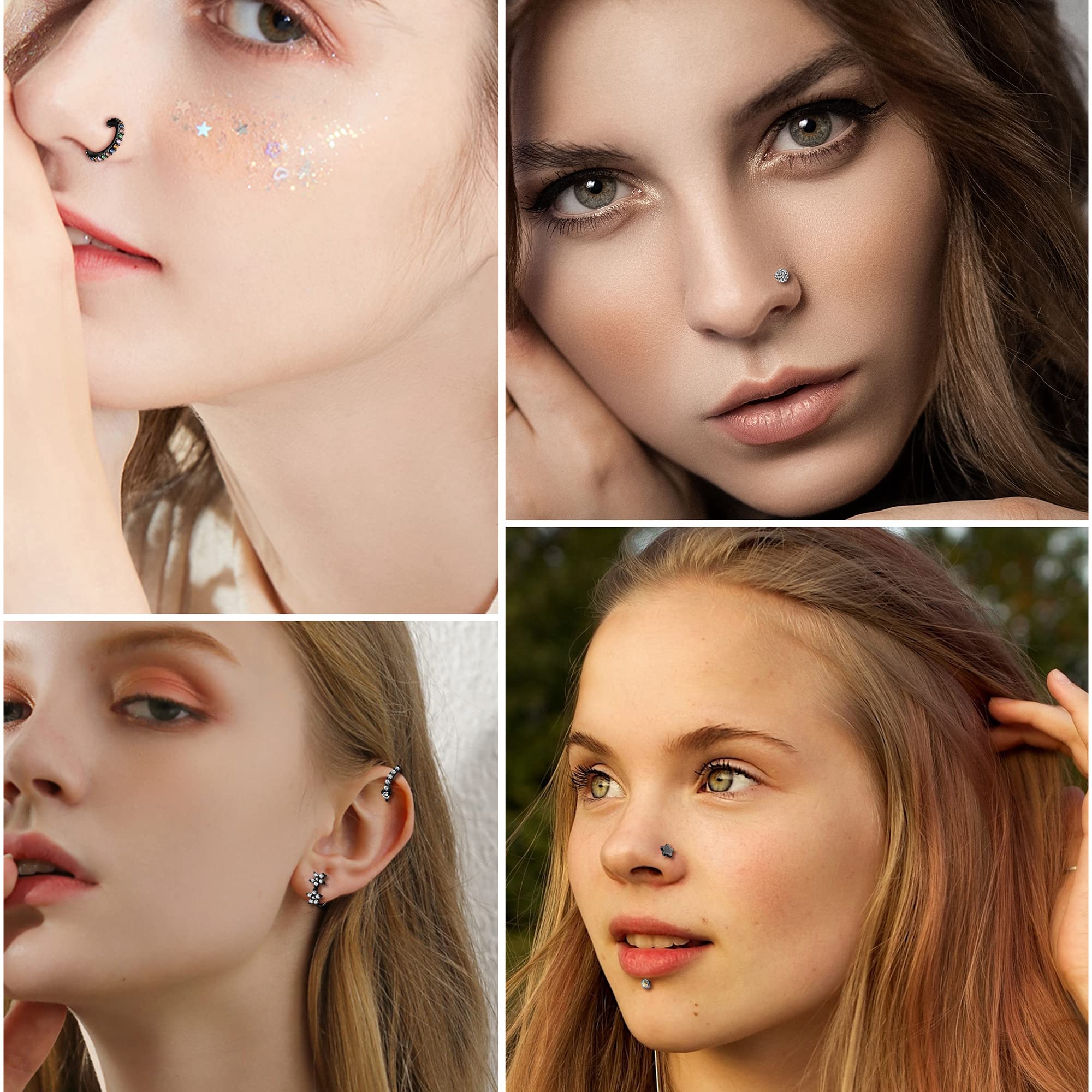 MUSECLOUD 20G Black Nose Rings For Women Men 6pcs Stainless Steel Nose Rings Hoops 12pcs L Shape Nose Rings Studs Heart CZ 8mm Cartilage Hoop Flower Star Nose Piercing Jewelry (Black)