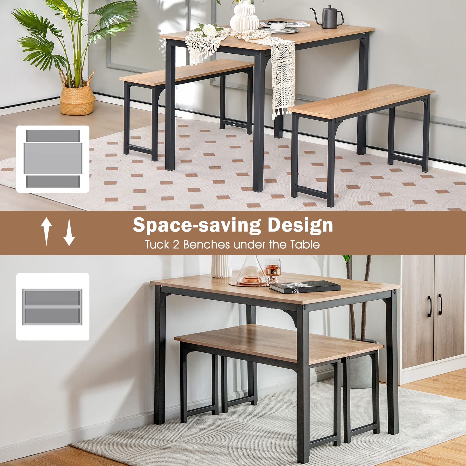 COSTWAY 3 PCS Dining Table Set for 4, Rectangular Kitchen Table with 2 Benches, Industrial Counter Height Table Set with Anti-slip Pads, Heavy Duty Steel Frame for Dining Room, Kitchen, Bar (Natural)