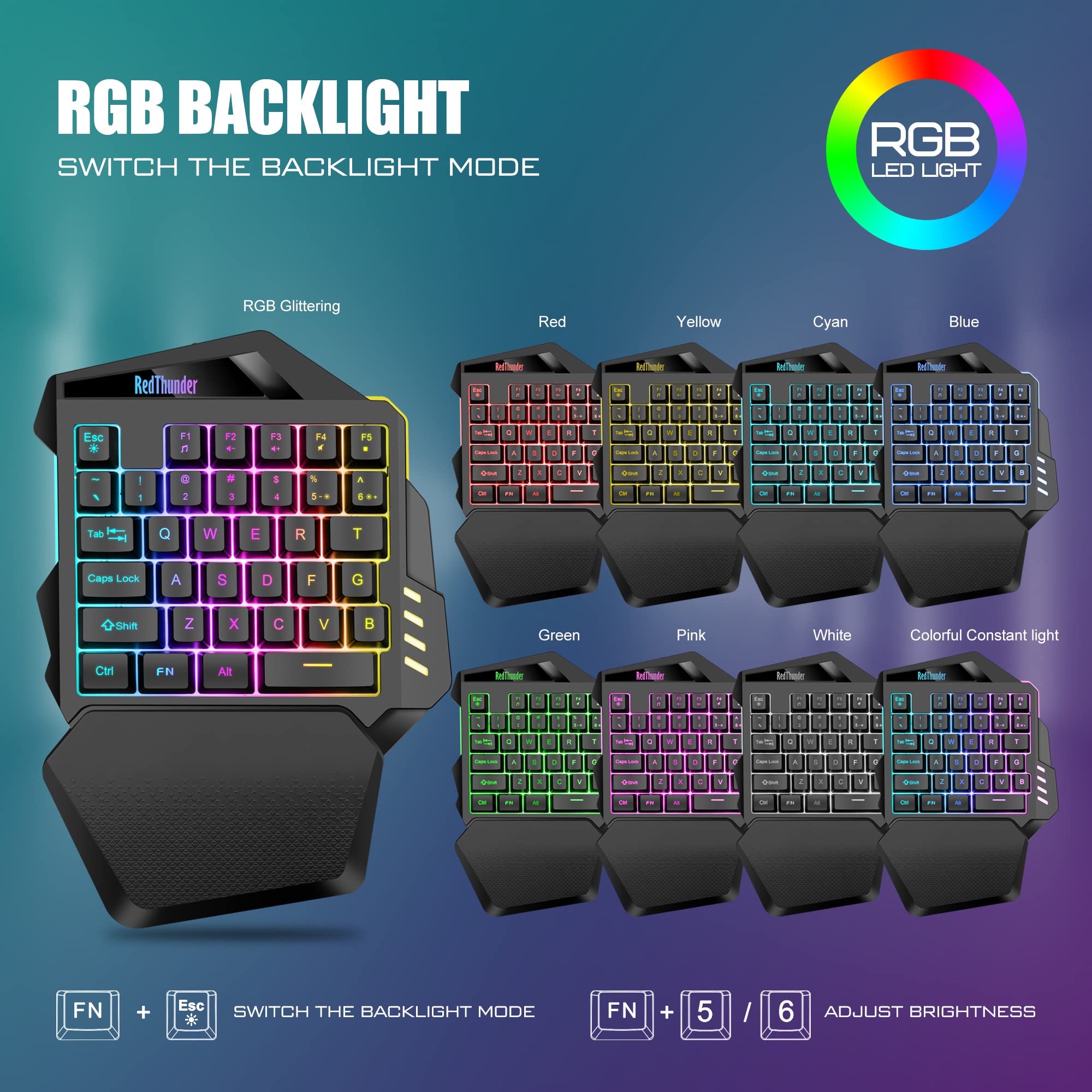 RedThunder Wireless One-Handed Gaming Keyboard, 2.4Ghz RGB Backlit Mini Gaming Keypad, Rechargeable 2000mAh Battery for PC Gamer