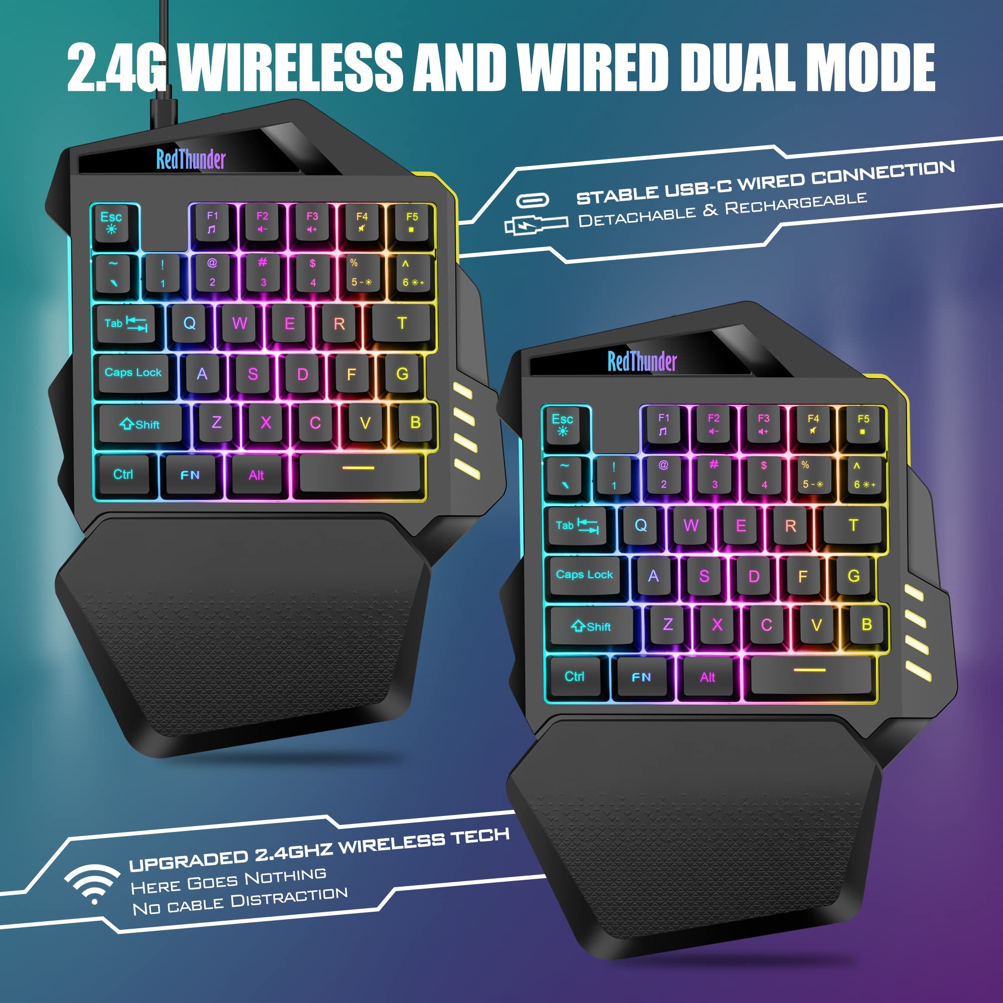 RedThunder Wireless One-Handed Gaming Keyboard, 2.4Ghz RGB Backlit Mini Gaming Keypad, Rechargeable 2000mAh Battery for PC Gamer