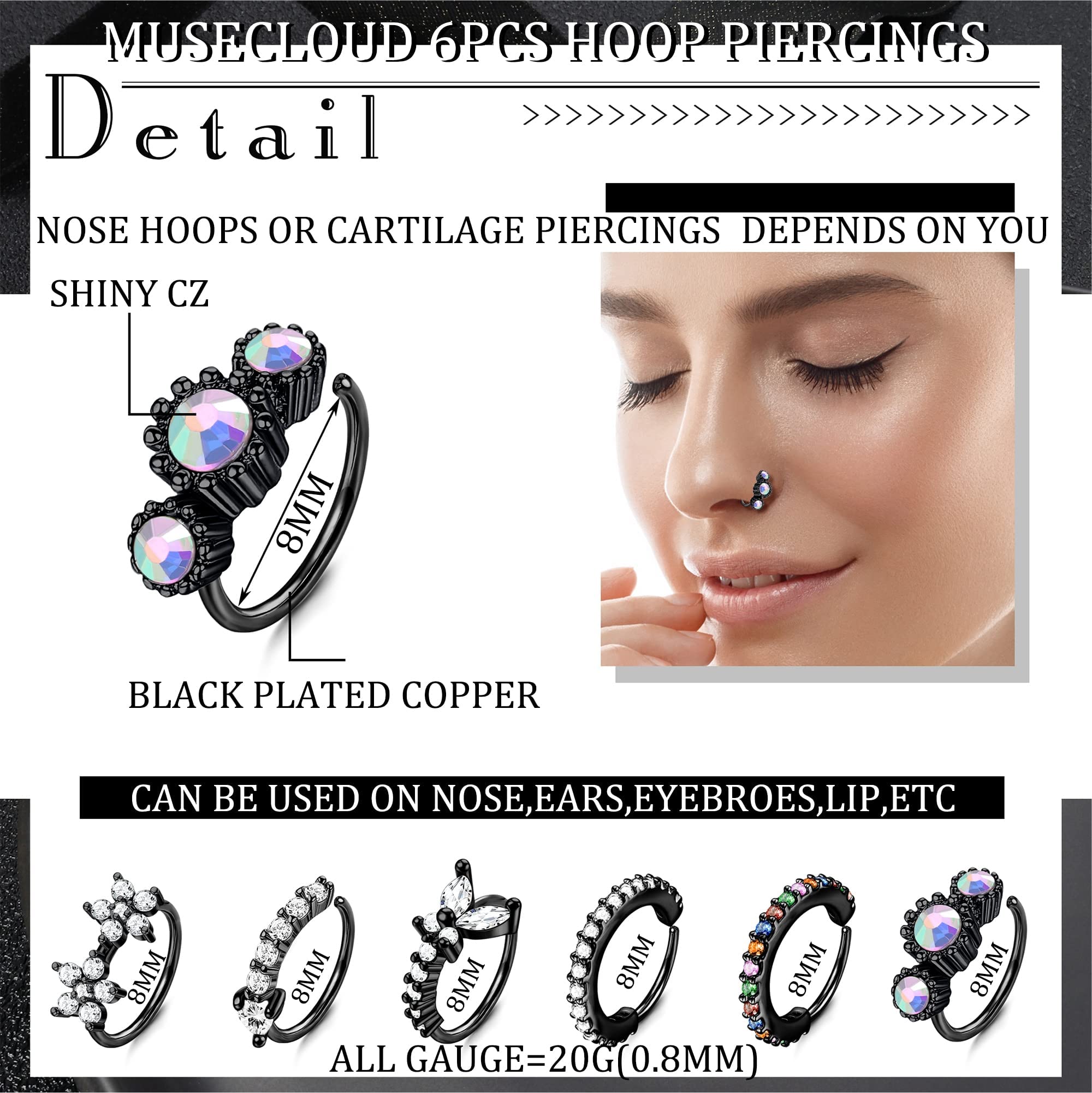 MUSECLOUD 20G Black Nose Rings For Women Men 6pcs Stainless Steel Nose Rings Hoops 12pcs L Shape Nose Rings Studs Heart CZ 8mm Cartilage Hoop Flower Star Nose Piercing Jewelry (Black)