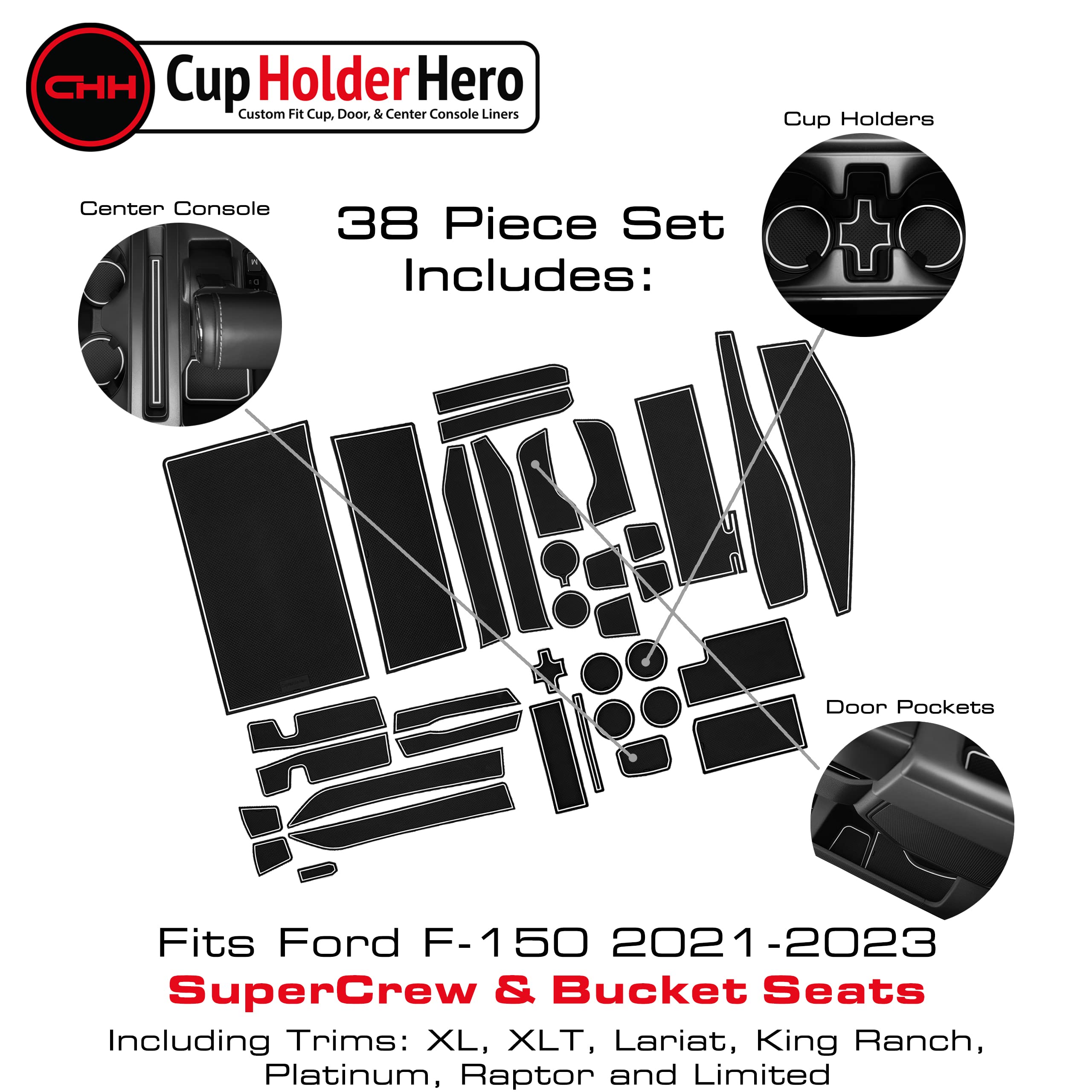 CupHolderHero fits Ford F150 Accessories 2021-2023 Premium Custom Interior Non-Slip Anti Dust Cup Holder Inserts, Center Console Mats, Door Pocket Liners 38pc Set (Bucket SuperCrew) (White Trim)