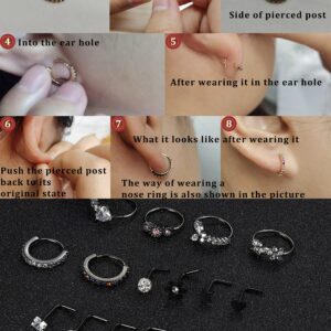 MUSECLOUD 20G Black Nose Rings For Women Men 6pcs Stainless Steel Nose Rings Hoops 12pcs L Shape Nose Rings Studs Heart CZ 8mm Cartilage Hoop Flower Star Nose Piercing Jewelry (Black)