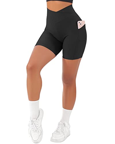 SUUKSESS Women Cross Waist Workout Shorts with Pockets Ribbed High Waisted Booty Biker Shorts (#1 Black, M)