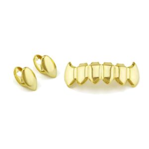 Psivika Gold Plated Shiny Hip Hop Teeth Grillz Caps Iced Out CZ Top and Bottom Vampire Fangs Grillz for Men and Women (Gold)