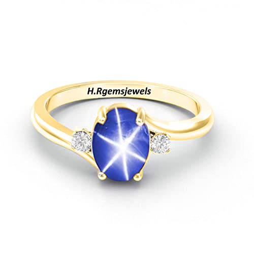 HRG Lindy Star Ring 6 Rays Blue Sapphire Star Ring 7x5mm Oval Cabochon Ring Anniversary Ring Handmade RingSolitaire Ring (Sterling Silver, 6)