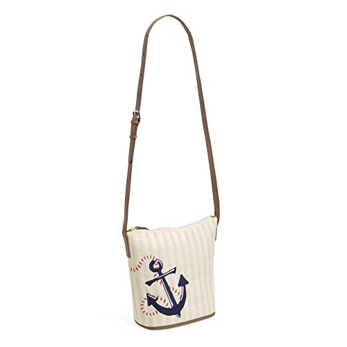 Vera Bradley Women's Straw Bucket Crossbody Purse, Regatta Anchor Navy, One Size