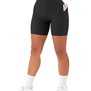 SUUKSESS Women Cross Waist Workout Shorts with Pockets Ribbed High Waisted Booty Biker Shorts (#1 Black, M)