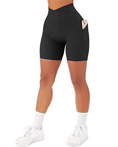 SUUKSESS Women Cross Waist Workout Shorts with Pockets Ribbed High Waisted Booty Biker Shorts (#1 Black, M)