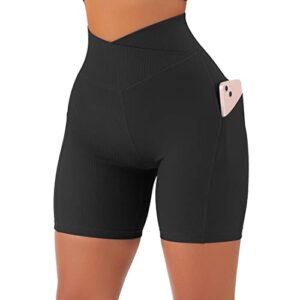 SUUKSESS Women Cross Waist Workout Shorts with Pockets Ribbed High Waisted Booty Biker Shorts (#1 Black, M)