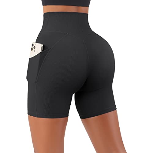 SUUKSESS Women Cross Waist Workout Shorts with Pockets Ribbed High Waisted Booty Biker Shorts (#1 Black, M)