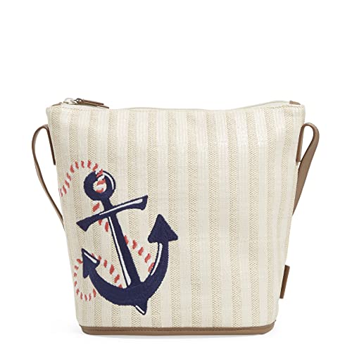 Vera Bradley Women's Straw Bucket Crossbody Purse, Regatta Anchor Navy, One Size