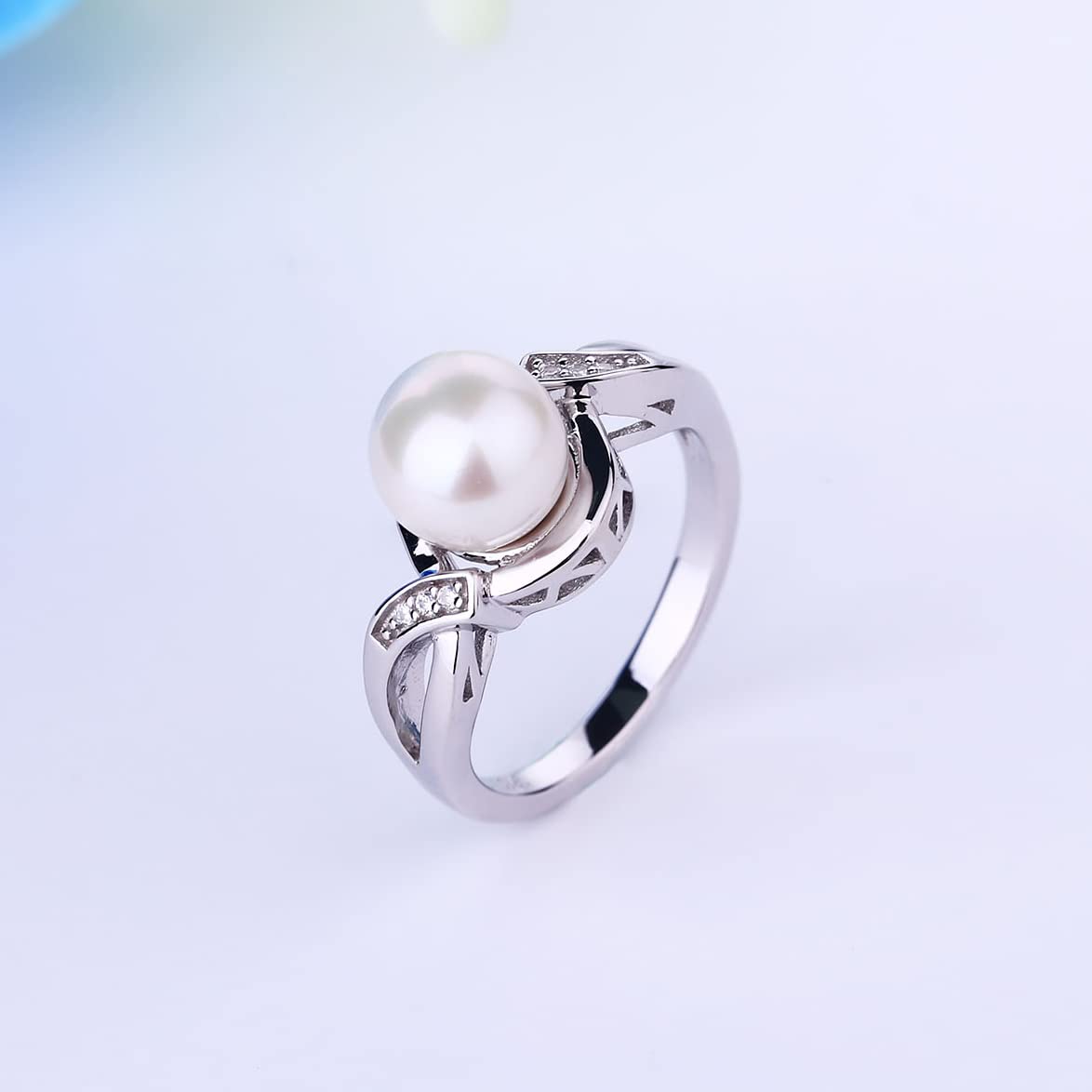 JO WISDOM Pearl Ring,925 Sterling Silver Infinity Cubic Zirconia Women's Rings with 9mm White Freshwater Cultured Pearl Ring size 5