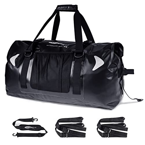 AFISHTOUR 65L Waterproof Duffel Bag for Men and Women - Large Motorcycle Duffle Bag with Straps for Back Seat - Roll Top Dry Bag for Kayaking, Rafting, Boating, Swimming, Beach (Black)