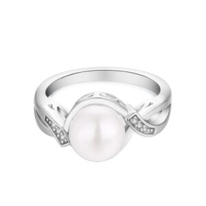 JO WISDOM Pearl Ring,925 Sterling Silver Infinity Cubic Zirconia Women's Rings with 9mm White Freshwater Cultured Pearl Ring size 5