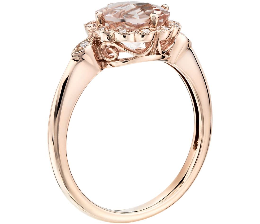 Jewelrygift 14K Rose Gold Plated Halo Ring CZ Morganite Faceted Gtone Unique Design Wedding Engagement Jewelry Vintage Style to Any Outfit for Women Ring US Size:9.5