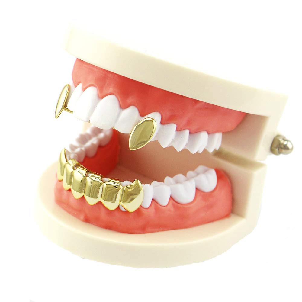 Psivika Gold Plated Shiny Hip Hop Teeth Grillz Caps Iced Out CZ Top and Bottom Vampire Fangs Grillz for Men and Women (Gold)