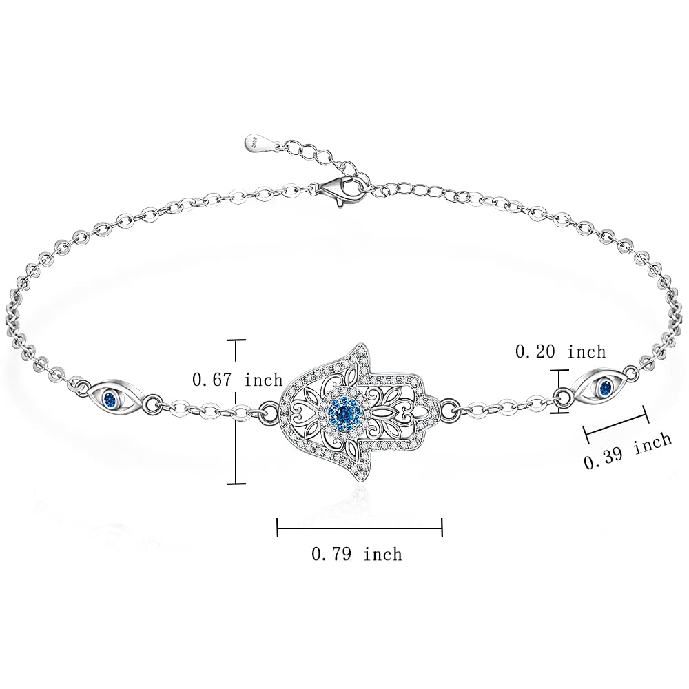 Hamsa Hand Evil Eye Bracelet for Women Sterling Silver Dainty Cute Crystal Round Blue Evil Eye Fatima Bracelets