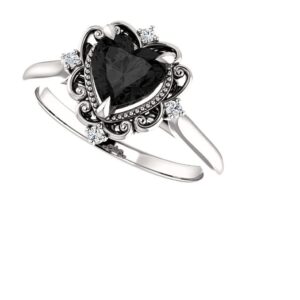 2.20 CT Heart Cut Onyx Black Diamonds Vintage Art Deco Halo Wedding Band Ring for Women in 925 Sterling Silver Rhodium Plated (Silver, 11)