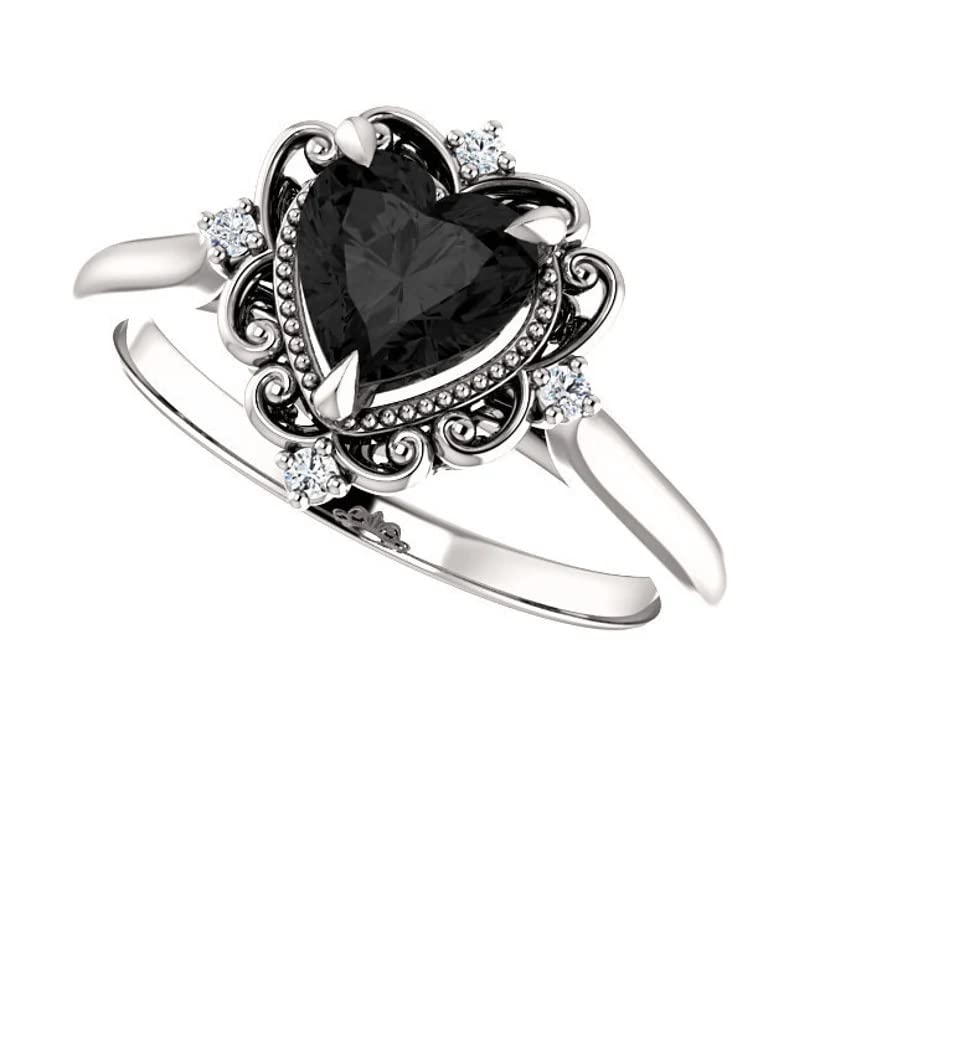 2.20 CT Heart Cut Onyx Black Diamonds Vintage Art Deco Halo Wedding Band Ring for Women in 925 Sterling Silver Rhodium Plated (Silver, 11)