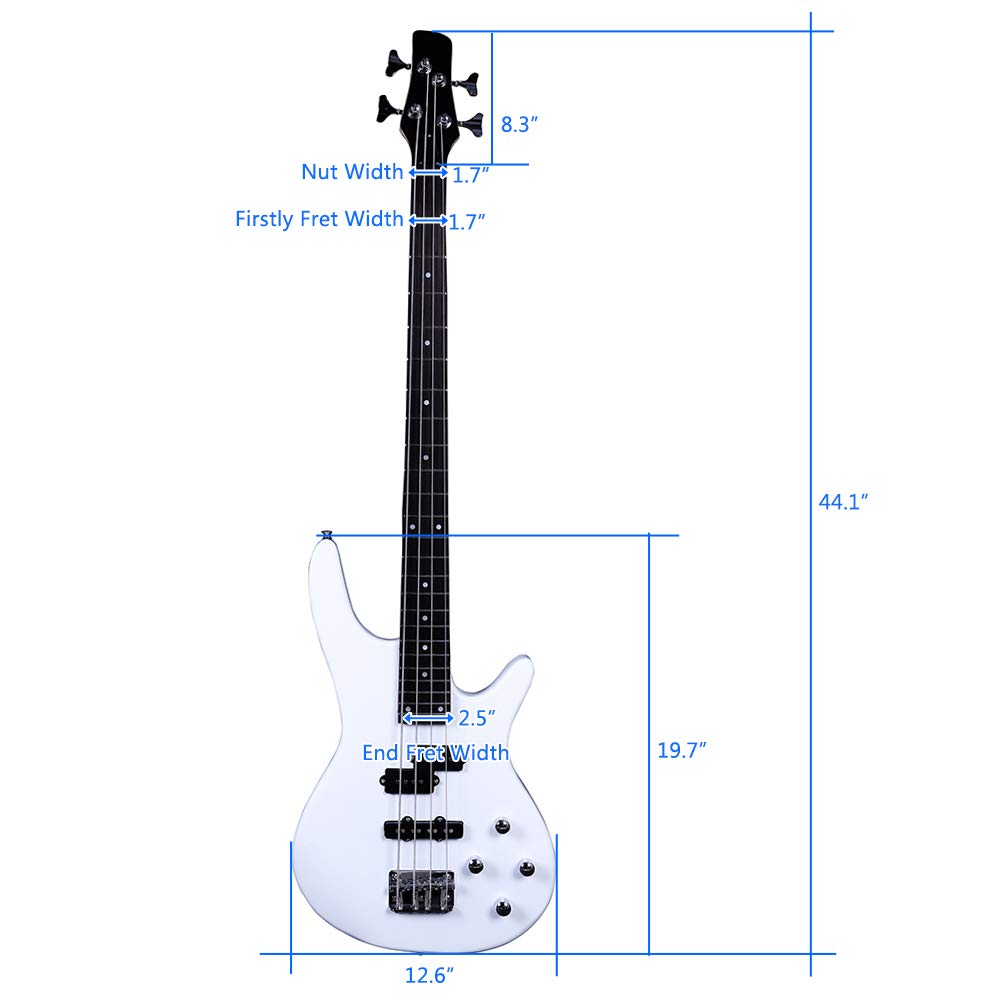 IB Bass,Electric Bass Guitar Beginner Kit 4 String Exquisite Basswood Bass with Power Line and Wrench Tool for Starter (White)