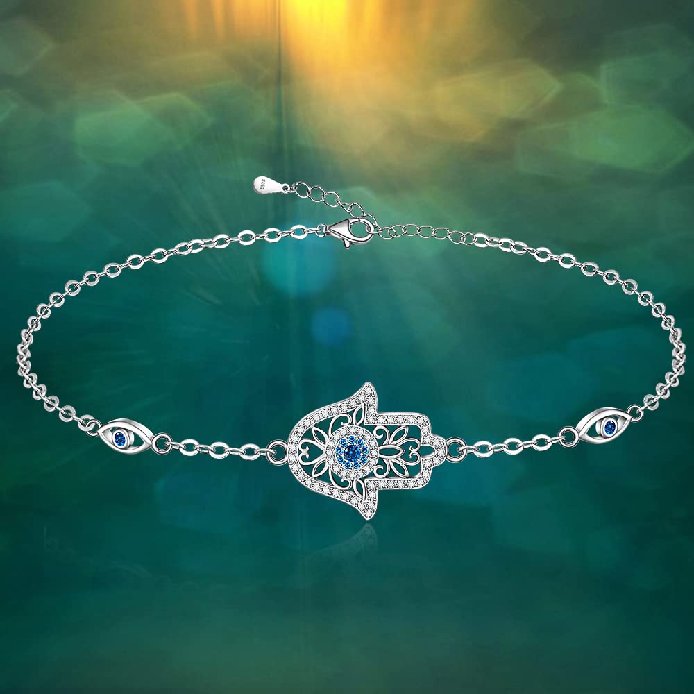 Hamsa Hand Evil Eye Bracelet for Women Sterling Silver Dainty Cute Crystal Round Blue Evil Eye Fatima Bracelets