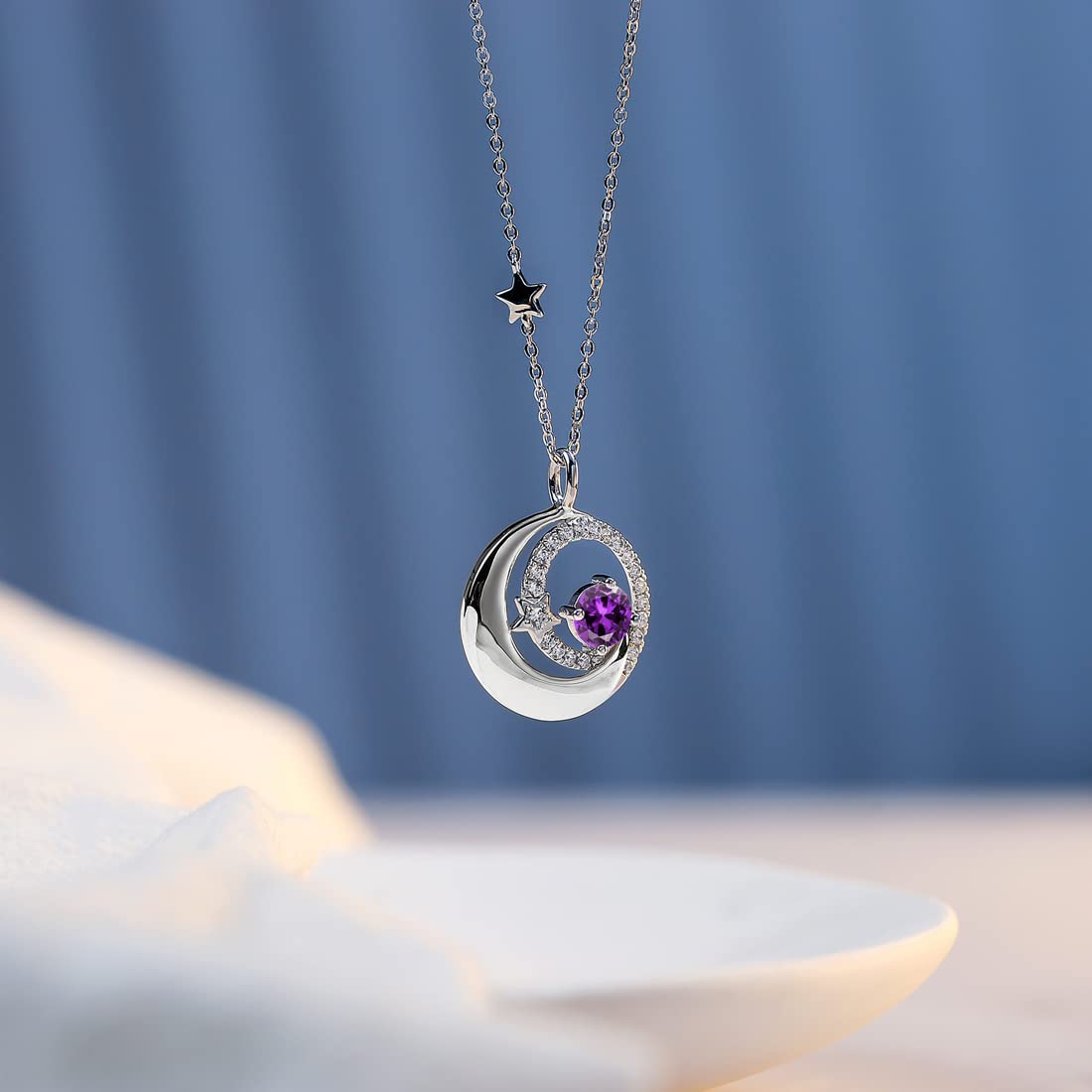 FANCIME 925 Sterling Silver February Birthstone Amethyst Necklace Moon Star Pendant Purple Gemstone Jewelry Birthday Anniversary Christmas Gifts for Women Daughter