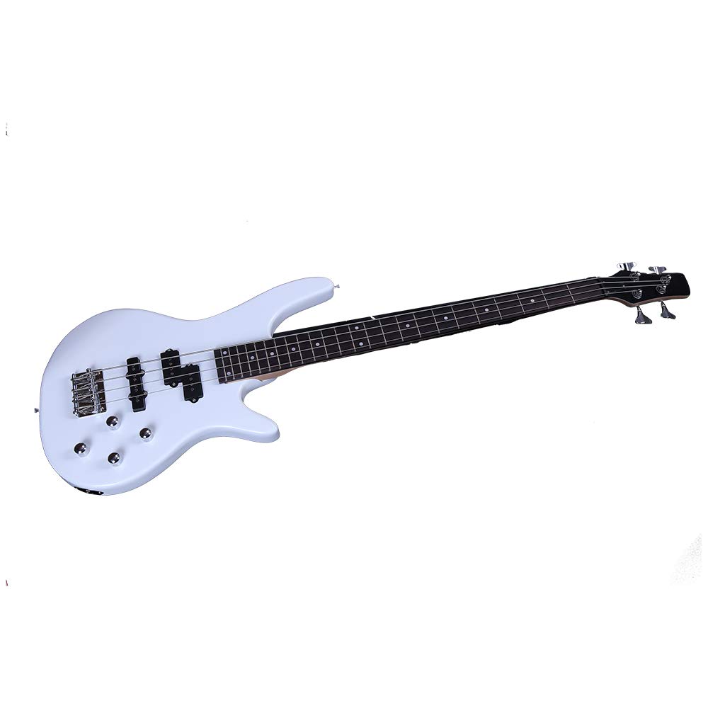 IB Bass,Electric Bass Guitar Beginner Kit 4 String Exquisite Basswood Bass with Power Line and Wrench Tool for Starter (White)